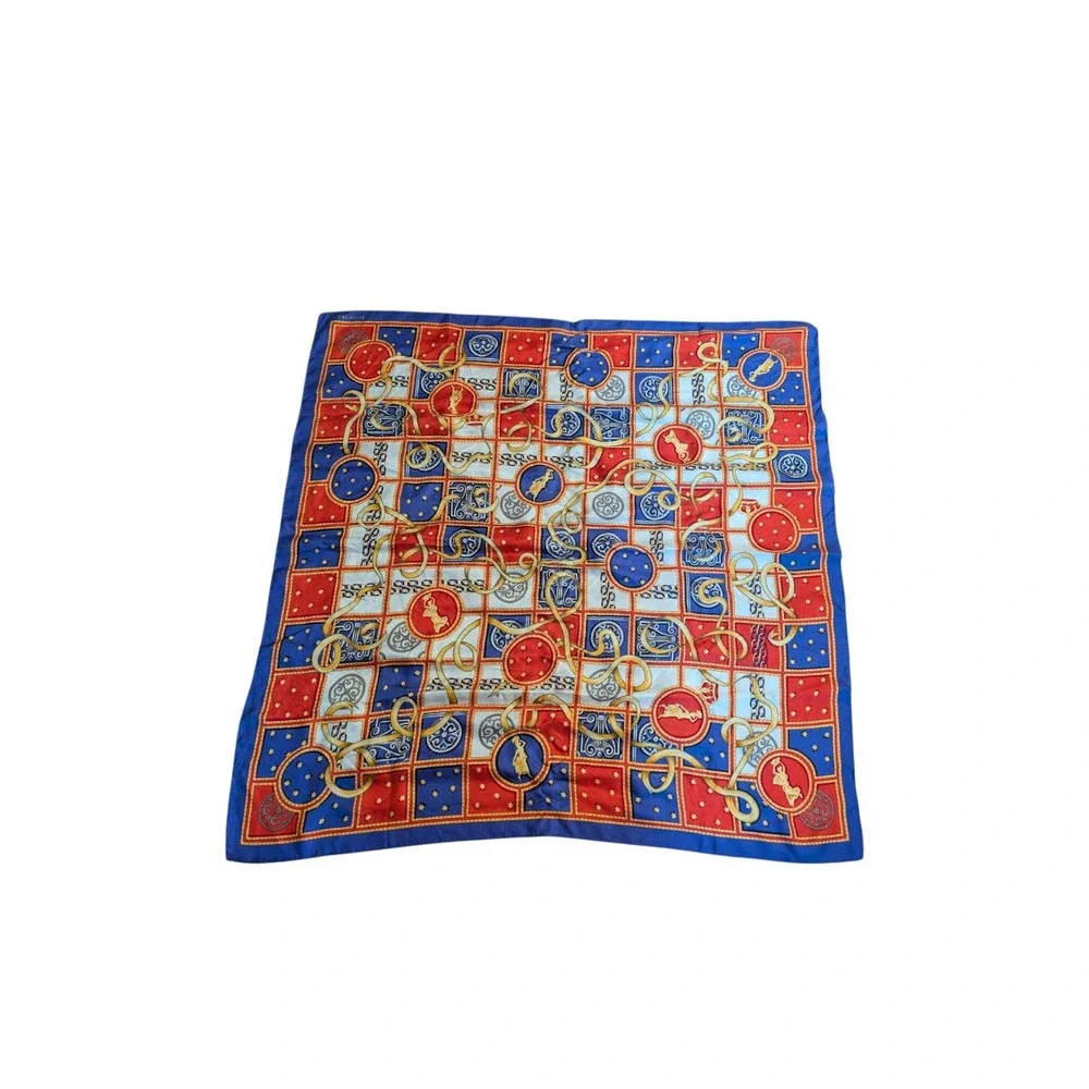Ellen Tracy 100% Silk Scarf Red Blue Gold Chain Medallion 34